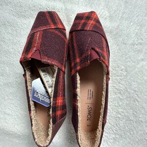 Toms Alpargata Leather Wrap Red Plaid Slip-On Shoes Faux Shearling Lined Flats 7